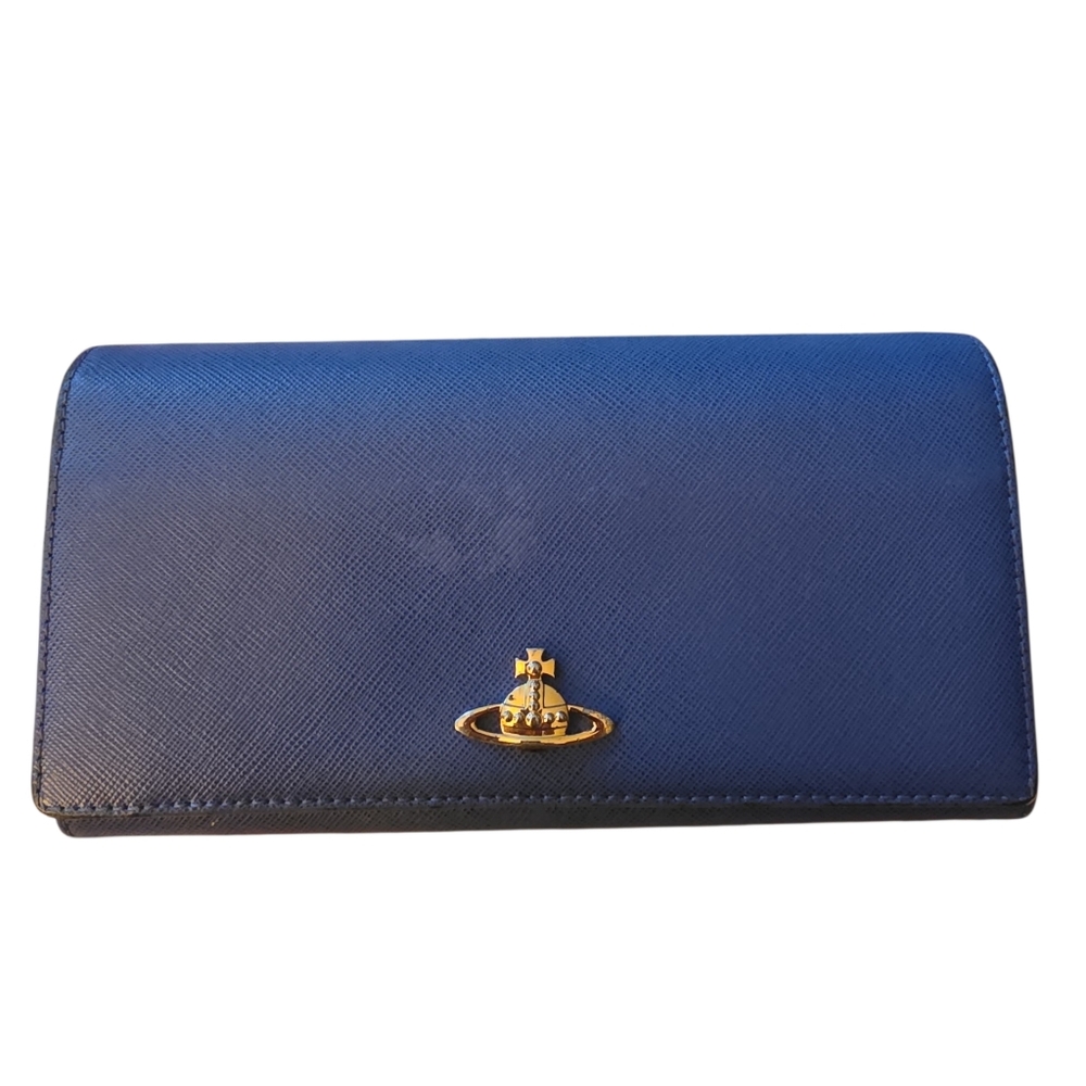 Vivienne Westwood Navy Blue Saffiano Leather Continental Wallet with Gold Orb